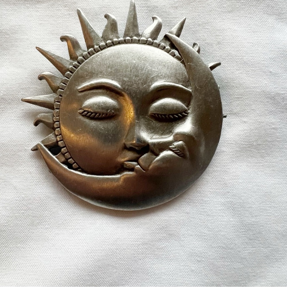 Vintage JJ Sun & Moon Face Brooch Silver Tone Celestial Pin